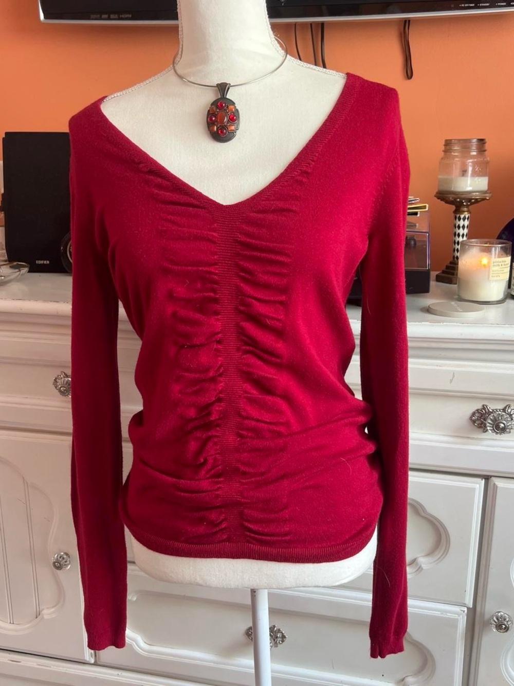 Express Red Ruched V‑Neck Long Sleeve Top